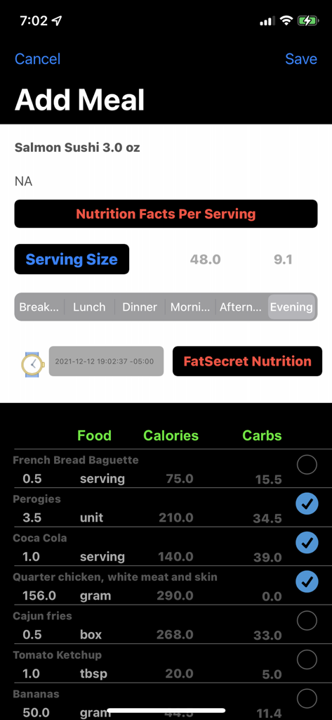 Interfaz de añadir comida de la aplicación Nutrition plus que muestra alimentos con calorías y carbohidratos