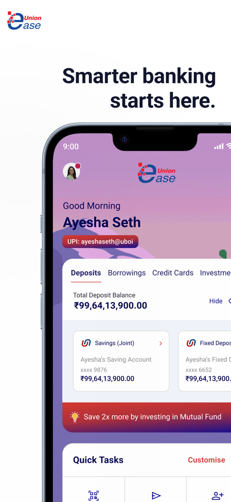 Vyom - The dashboard of the Vyom mobile banking app from Union Bank of India showing account balances and a personalized user greeting.