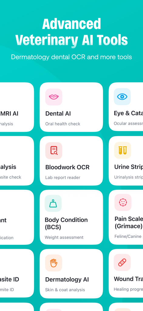 PetMed: Vet Calc & Drugs - Screenshot of the PetMed app displaying various advanced veterinary AI diagnostic tools like Dental AI and Bloodwork OCR