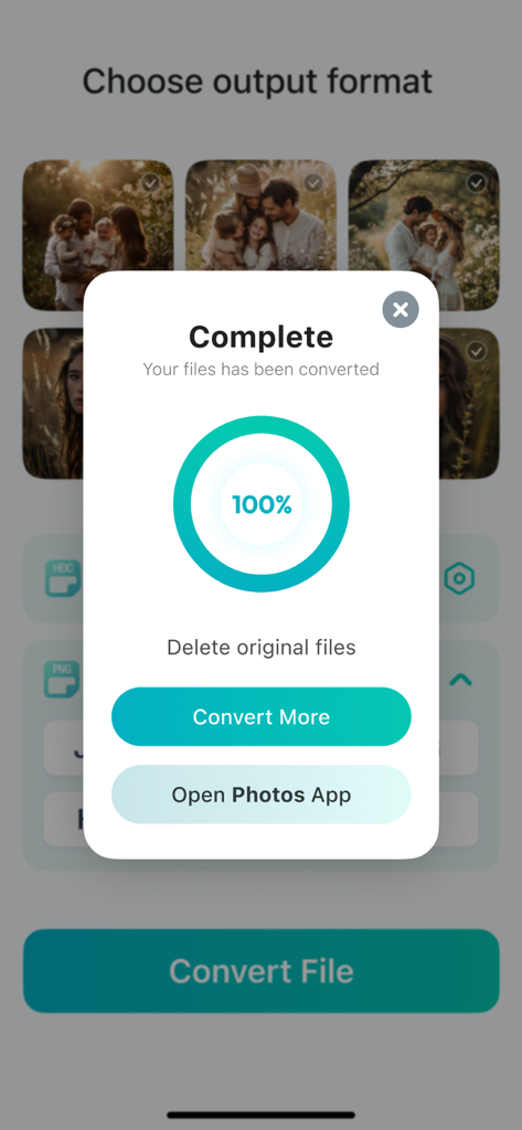 Image Converter JPEG PNG HEIC - Pantalla que muestra una conversión de imagen exitosa al 100 % con opciones para convertir más o ver en la aplicación de fotos