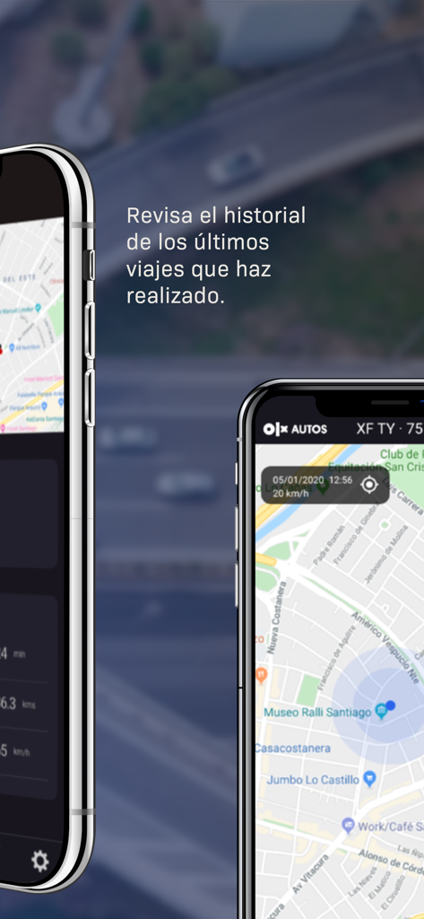 GPS OLX AUTOS - GPS OLX AUTOS mobile app interface showing vehicle travel history and location tracking on a map.