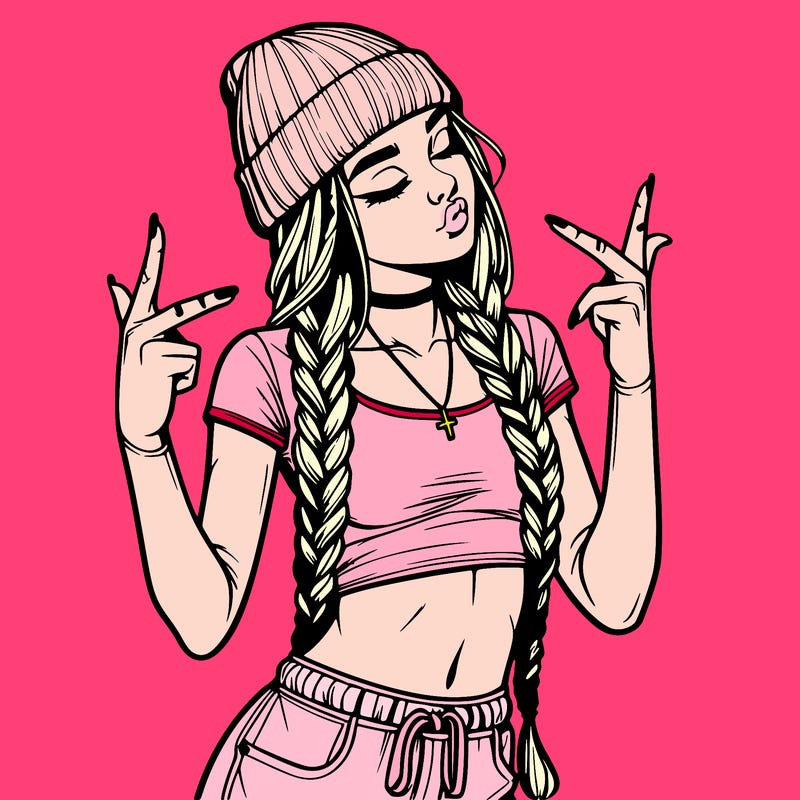 realistic teenage girl with braids and a beanie and crop top doing 🫶🏼