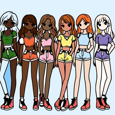 a group of girls wearing crop tops and shorts