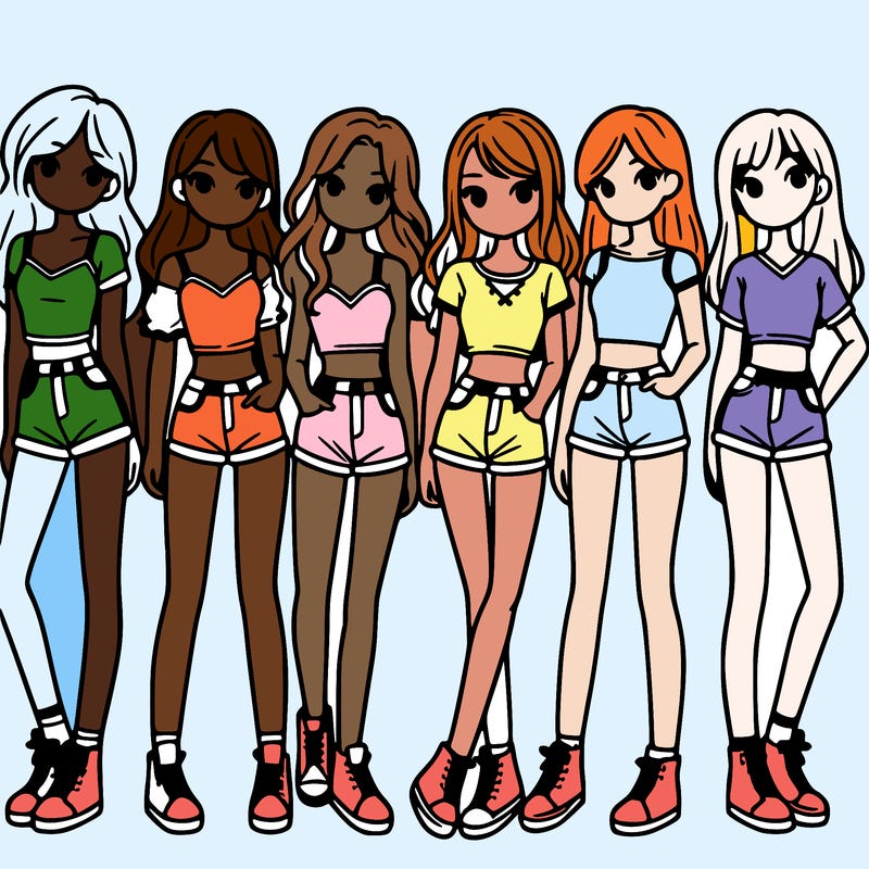 a group of girls wearing crop tops and shorts