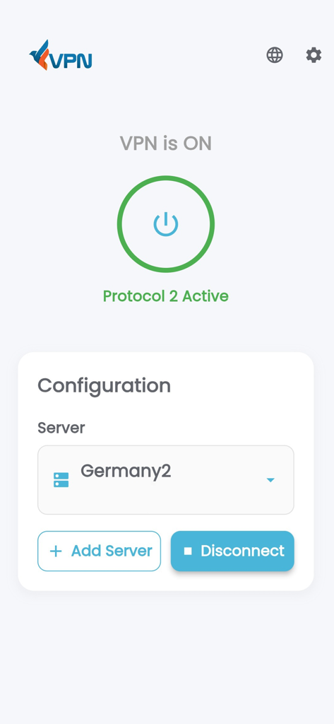 Interfaz de la aplicación Freedom-VPN que muestra el estado conectado y la selección del servidor de Alemania.
