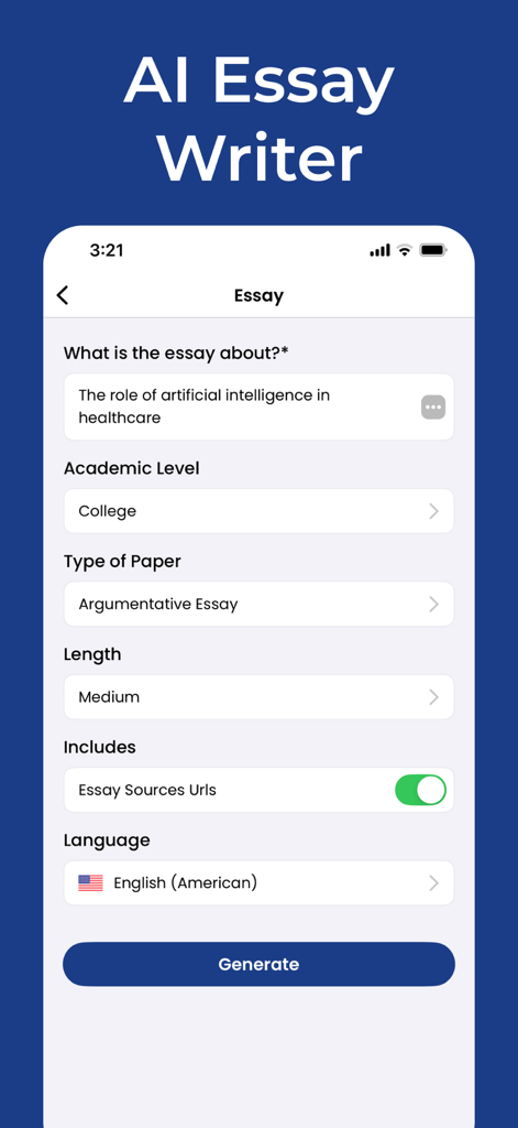 Essay Writer - PenPilot - Pantalla de smartphone de la aplicación PenPilot que muestra la configuración de generación de ensayos para un artículo argumentativo universitario