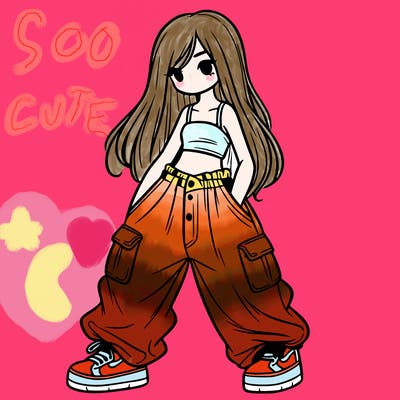 girl in baggy pants, crop top, and long hair