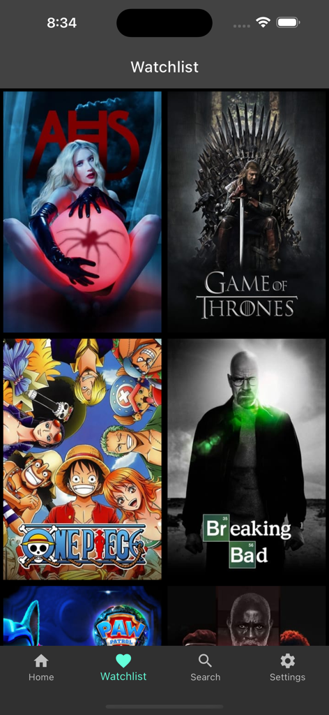 Screenshot of the myFilms app Watchlist screen displaying posters for popular TV shows like Breaking Bad and Game of Thrones.