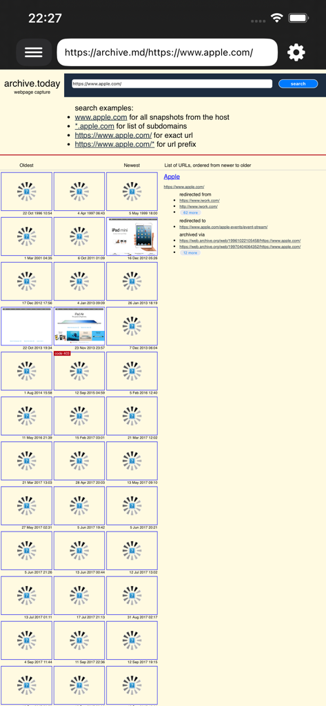 Screenshot of the Cached View app showing historical snapshots and archived versions of a webpage
