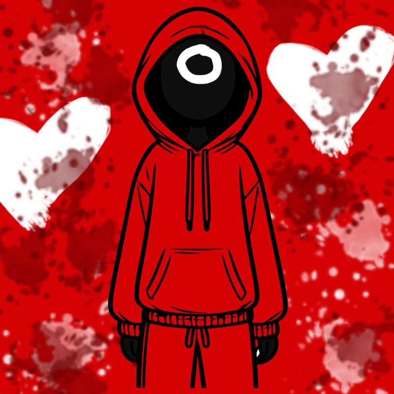 faceless girl in a tracksuit with a hood on and no hair