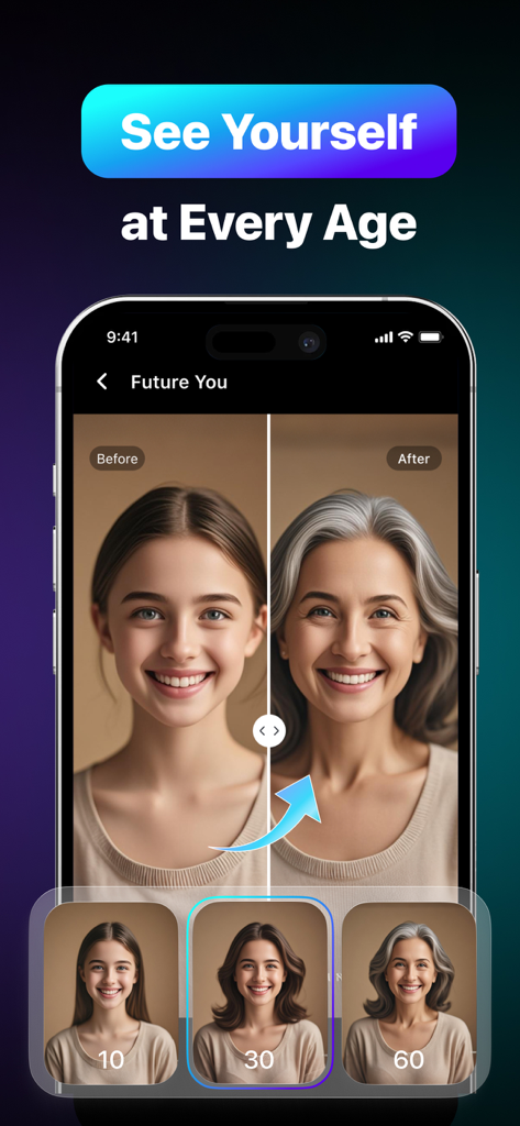 Artifex AI - AI photo Editor - Artifex AI App-Screenshot, der einen Vorher-Nachher-Vergleich einer Frau zeigt, die den Alterungsfortschrittsfilter verwendet