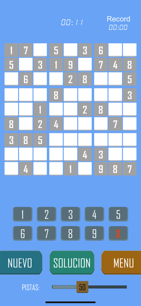 Sudokus y Sopa de Letras - 数独ゲーム画面。数値グリッドとスペイン語のメニューボタンが表示されています。