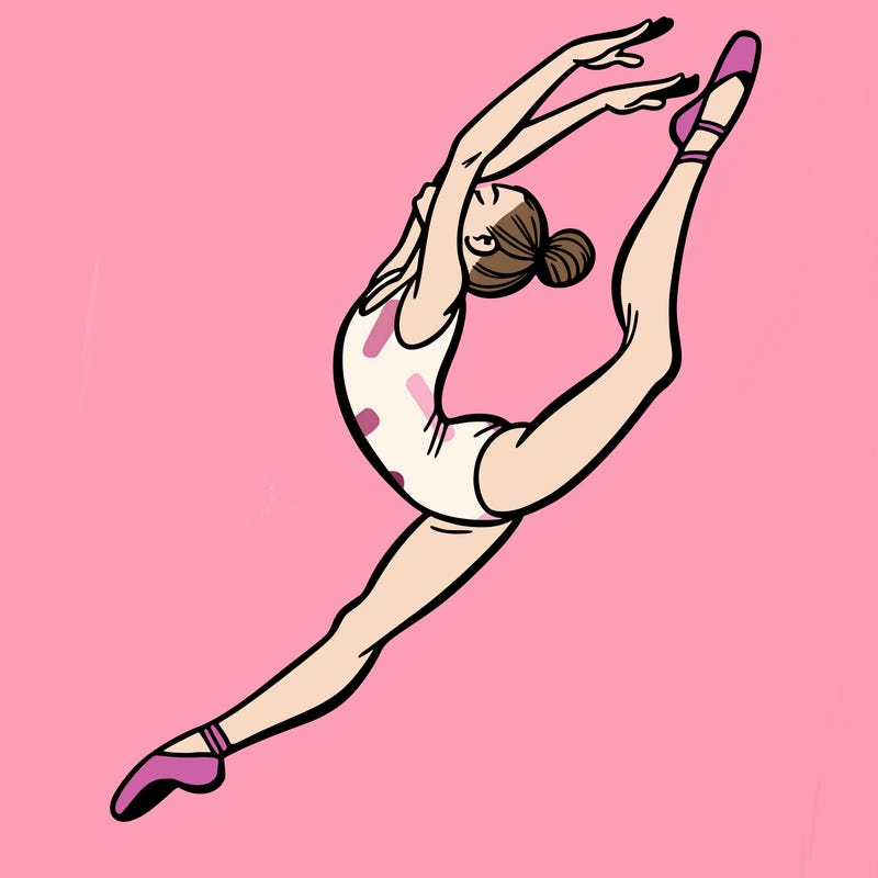 gymnast doing a leap in a leotard with a bent back leg