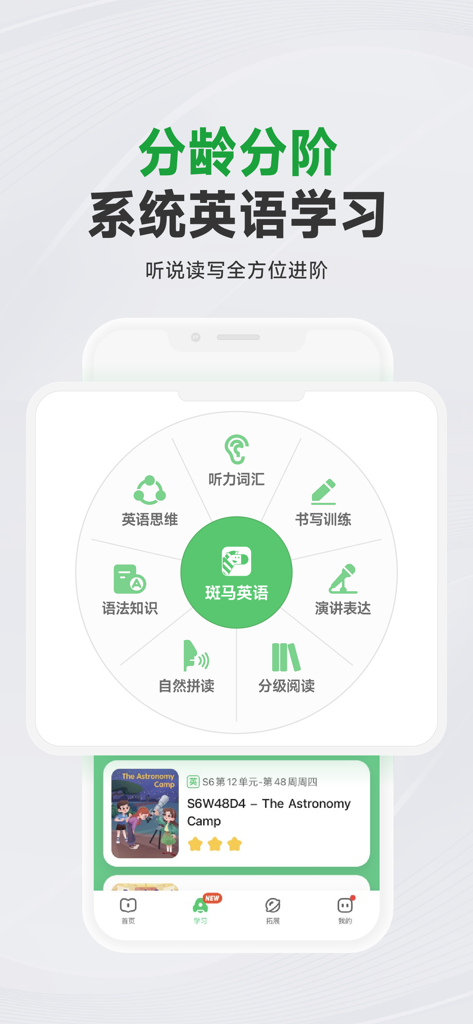 Zebra AI English learning curriculum interface showing modules for listening speaking reading and writing skills