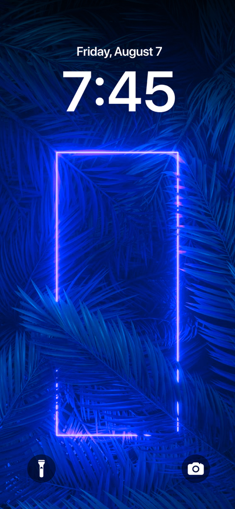 Walp - Full HD 4K Wallpapers - Vista previa de la pantalla de bloqueo del iPhone con un marco de neón brillante y un fondo de pantalla de hoja de palma azul
