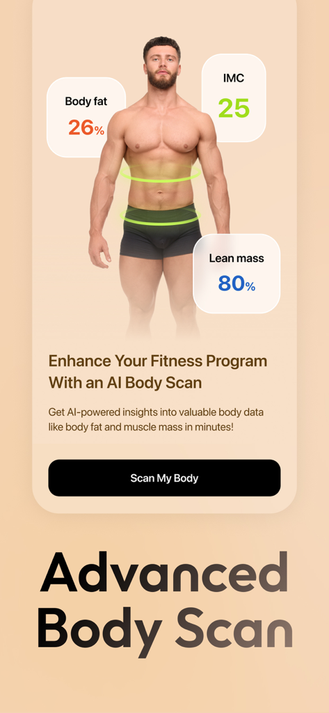 Zing AI: Home & Gym Workouts - Zing AI app screen displaying an advanced body scan with body fat and lean mass metrics