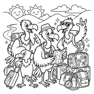 Get ready for an exciting journey with our Vultures on Vacation coloring page! This delightful scene features a family of happy vultures packed and ready for their next big adventure, complete with suitcases and maps.