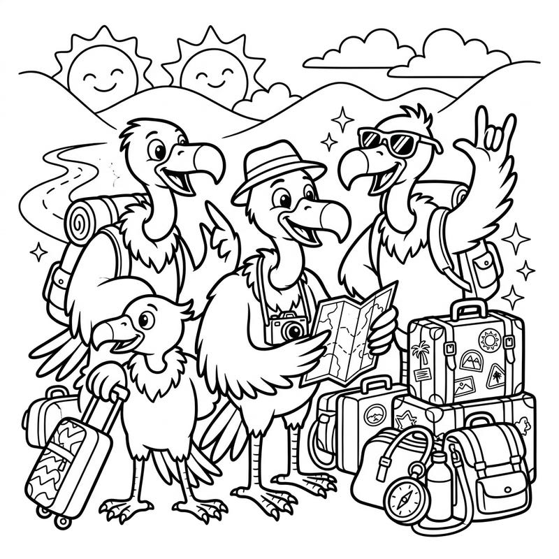 Get ready for an exciting journey with our Vultures on Vacation coloring page! This delightful scene features a family of happy vultures packed and ready for their next big adventure, complete with suitcases and maps.