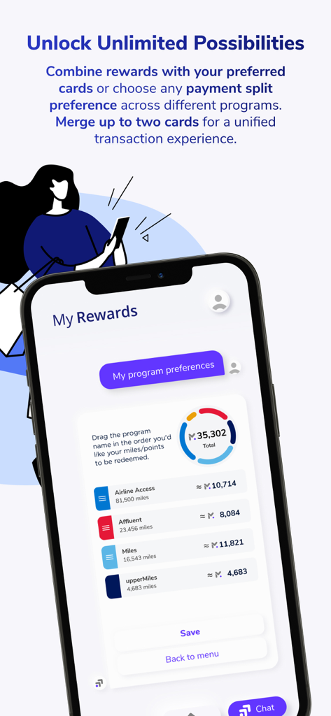 My Rewards by Visa Loyalty - App screen showing loyalty program preferences with combined miles and points balances from different accounts