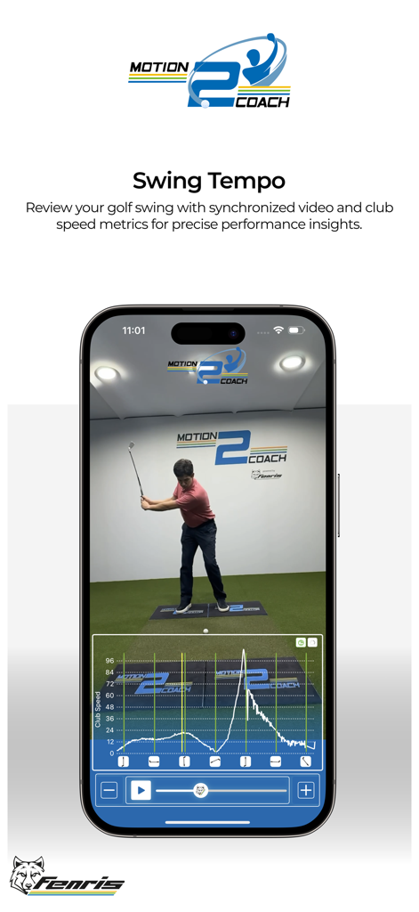 Motion2Coach Golf - Motion2Coach Golf app interface showing synchronized video and club speed metrics for swing tempo analysis