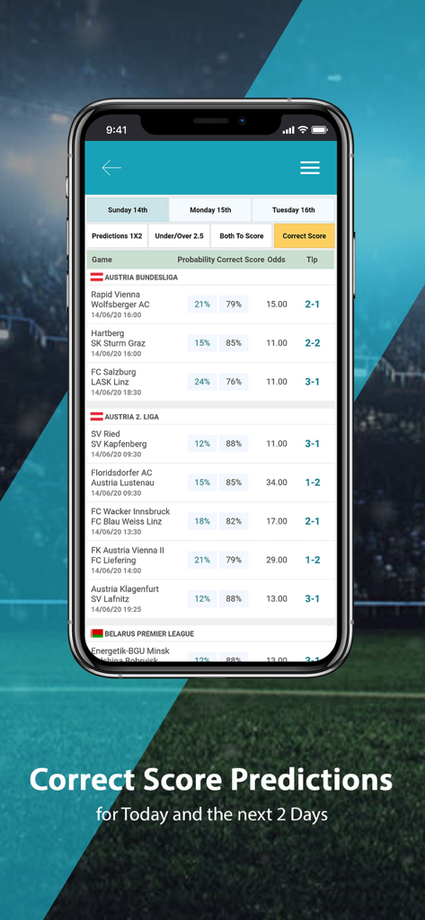 Football Super Tips - Mobile screen showing soccer correct score betting tips and odds
