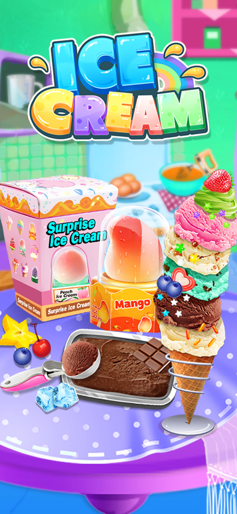 Colorful multi-layered ice cream cone and surprise flavors in a kids cooking game