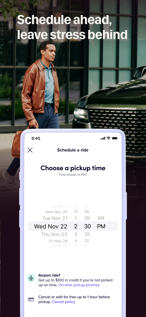 Interface de l'application Lyft permettant de réserver une course à l'avance avec un sélecteur d'heure de prise en charge