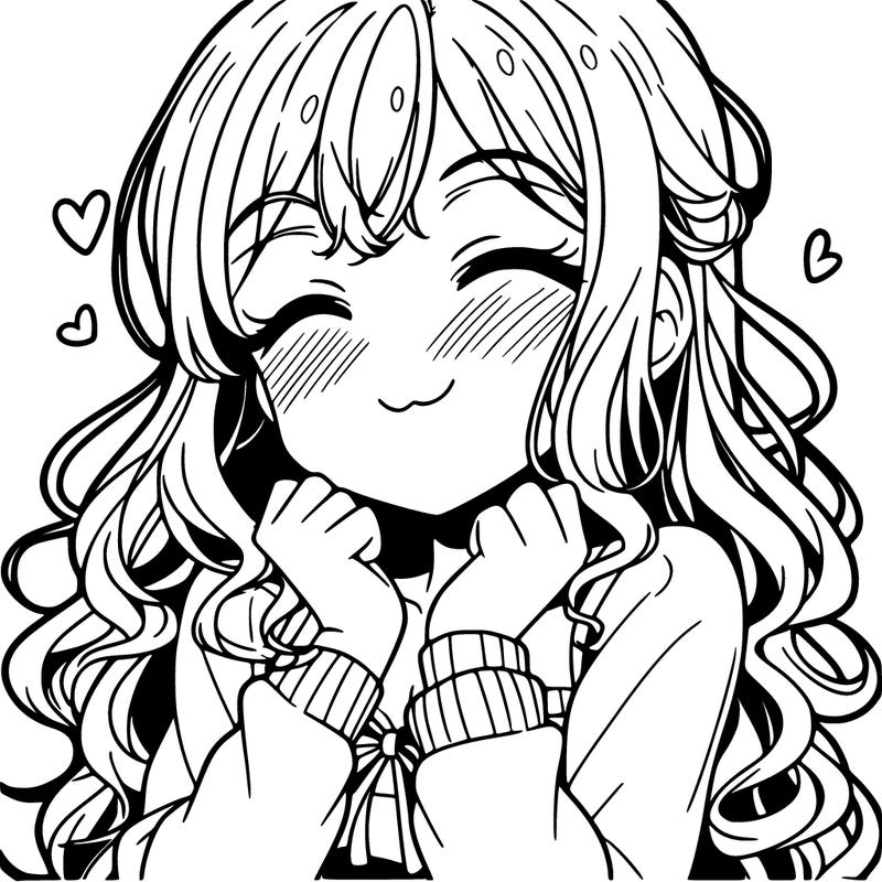 anime girl blushing with a smile and long curly hair