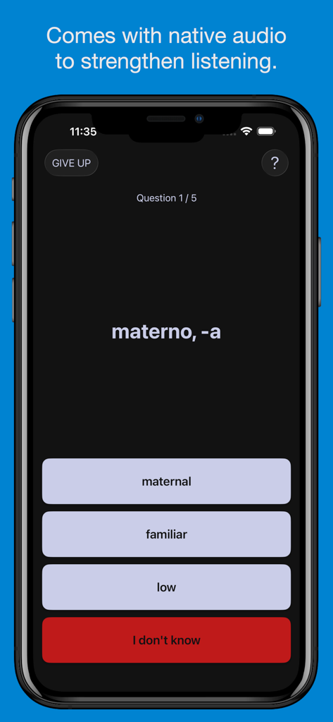 Pro - Basic Spanish Vocabulary - Spanish vocabulary quiz interface showing a multiple choice question for the word materno.