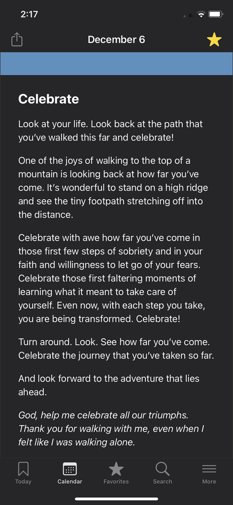 Screenshot of a daily recovery meditation titled Celebrate within the More Language of Letting Go app in dark mode.