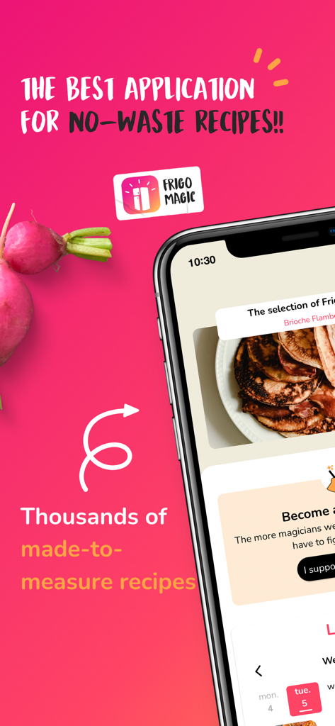 Frigo Magic : French Recipes - ピンク色の背景に、数千ものオーダーメイドの無駄のないレシピを強調するテキストが表示されたFrigo Magicアプリのインターフェースを示すスマートフォンの画面