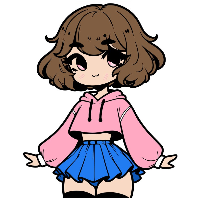 cute femboy with short, fluffy hair that softly frames their face, wearing a cropped hoodie, paired with a flouncy short skirt, and thigh-high stockings