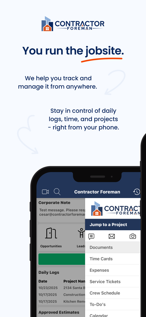Smartphone affichant l'interface de l'application Contractor Foreman avec des outils de gestion de projet