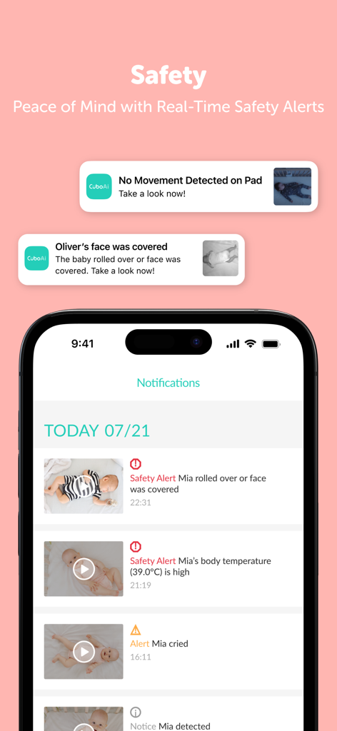 CuboAi Smart Baby Monitor - Pantalla de smartphone mostrando alertas de seguridad en tiempo real de CuboAi para cara cubierta y notificaciones de movimiento del bebé