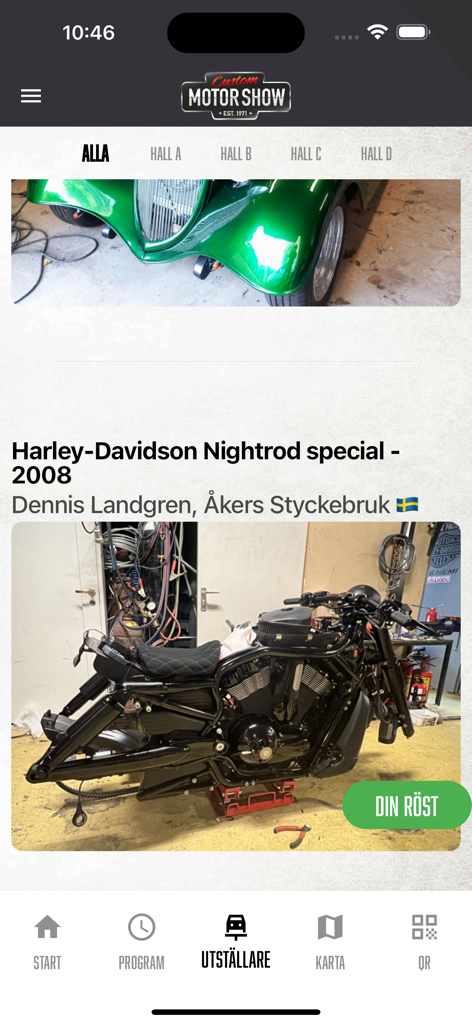 Custom Motor Show - カスタムモーターサイクルと投票ボタンを備えたカスタムモーターショーアプリの出展者リスト画面。