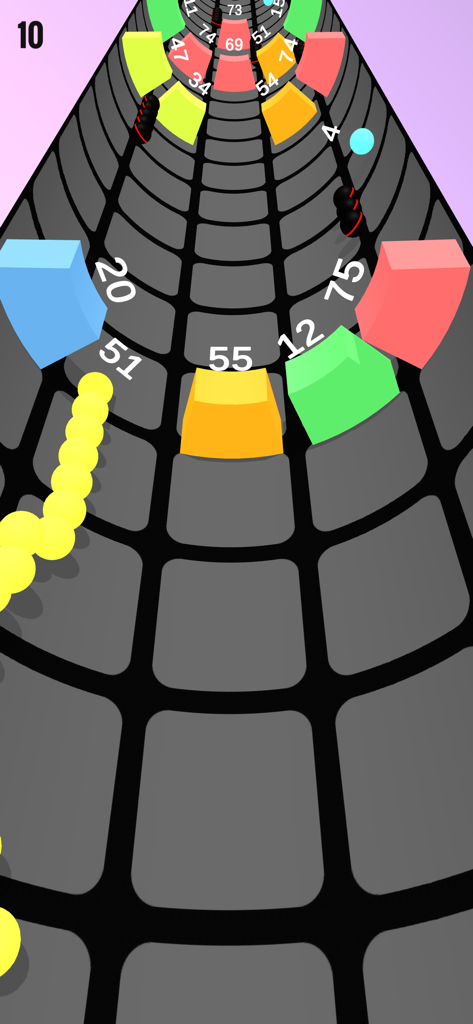 Serpent de boules jaunes naviguant dans un tunnel vortex 3D avec des blocs colorés numérotés