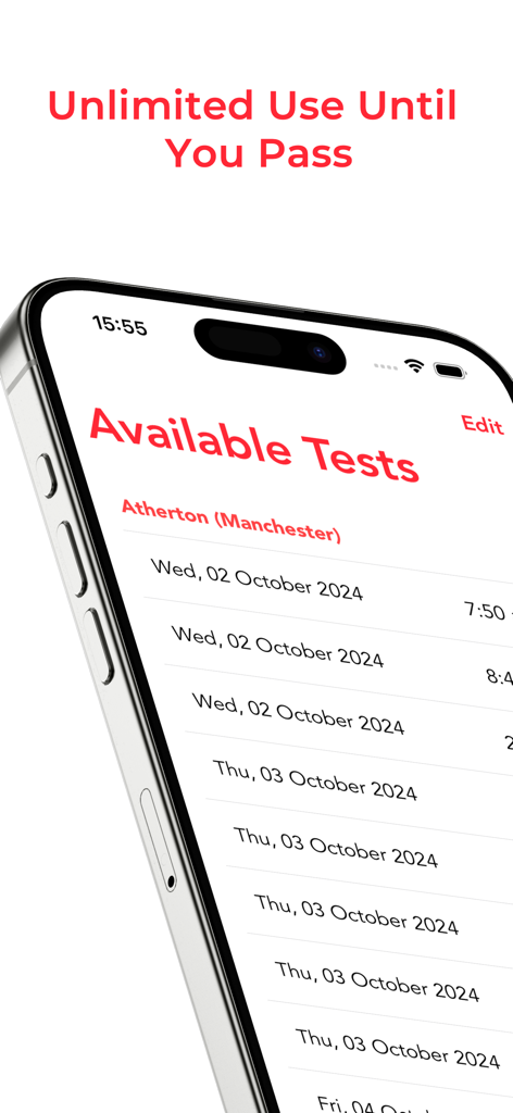 iPhone screen showing available driving test dates and times for Manchester on the Testi app
