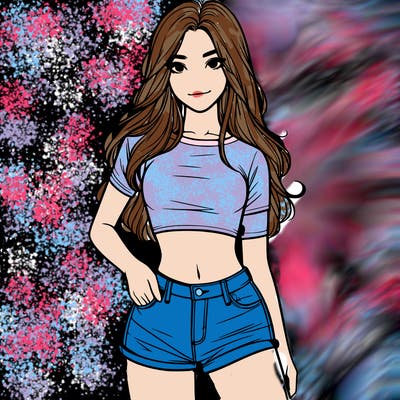 teenage girl with a crop top short shorts and long hair realistic