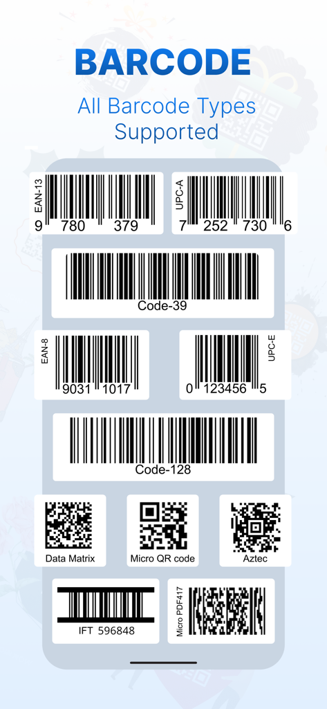 QR Maker: QR Creator & Scanner - A display of various supported barcode and QR code formats including EAN UPC and Data Matrix