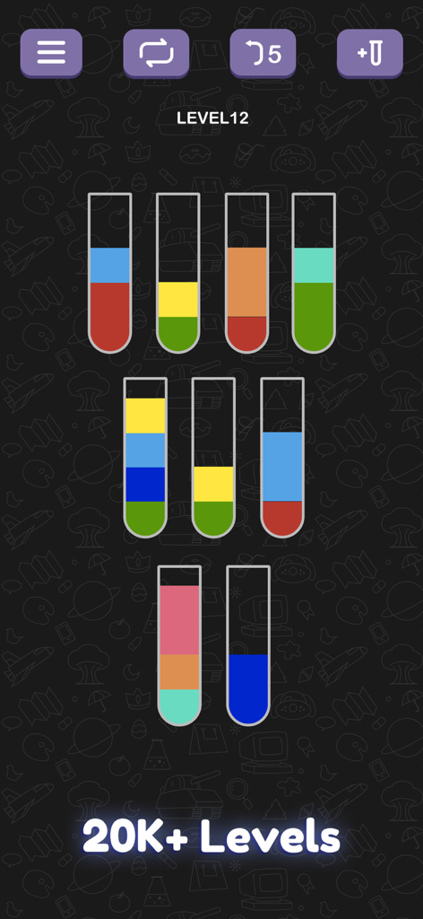 Screenshot di gioco di Water Sort Puzzle che mostra l'ordinamento di liquidi colorati in bottiglie con il testo 20K livelli