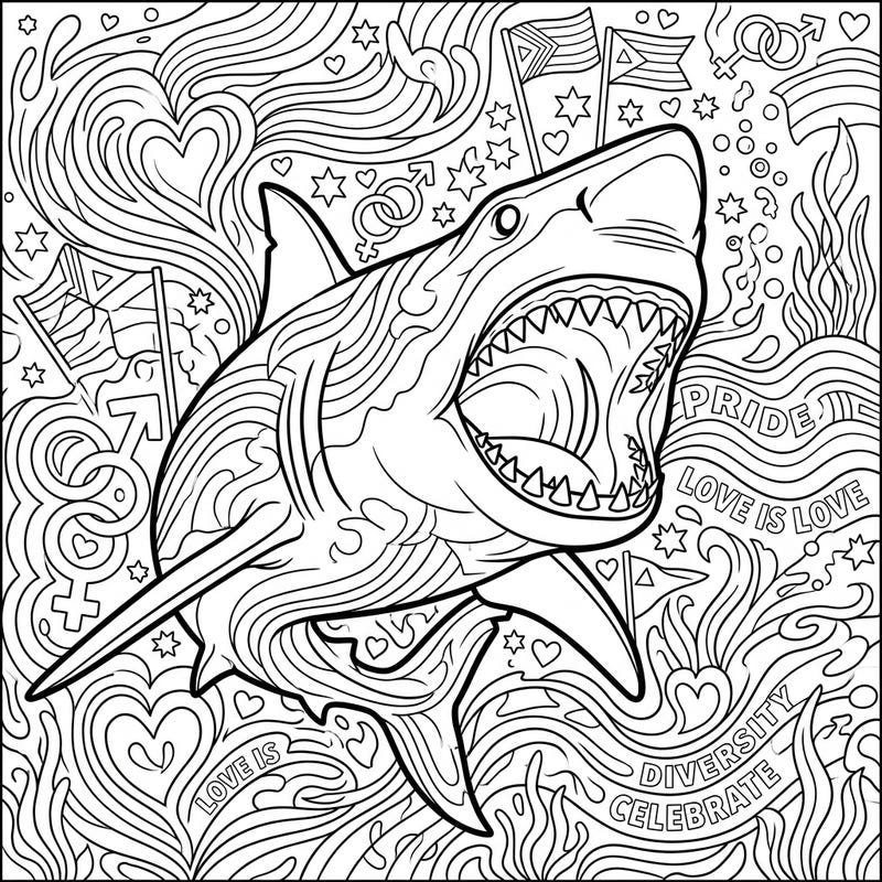 Unleash your creativity with this striking Megalodon coloring page, blending prehistoric power with the vibrant spirit of Pride Month. Celebrate diversity and love as you bring this unique underwater scene to life with your favorite colors.