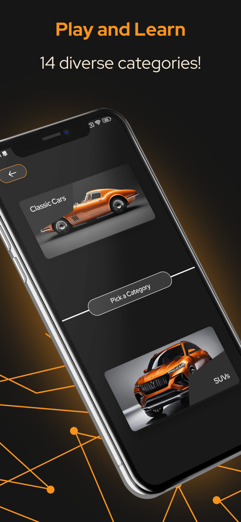 Interface móvel do Car Quiz Plus mostrando diversas categorias de quizzes como Carros Clássicos e SUVs