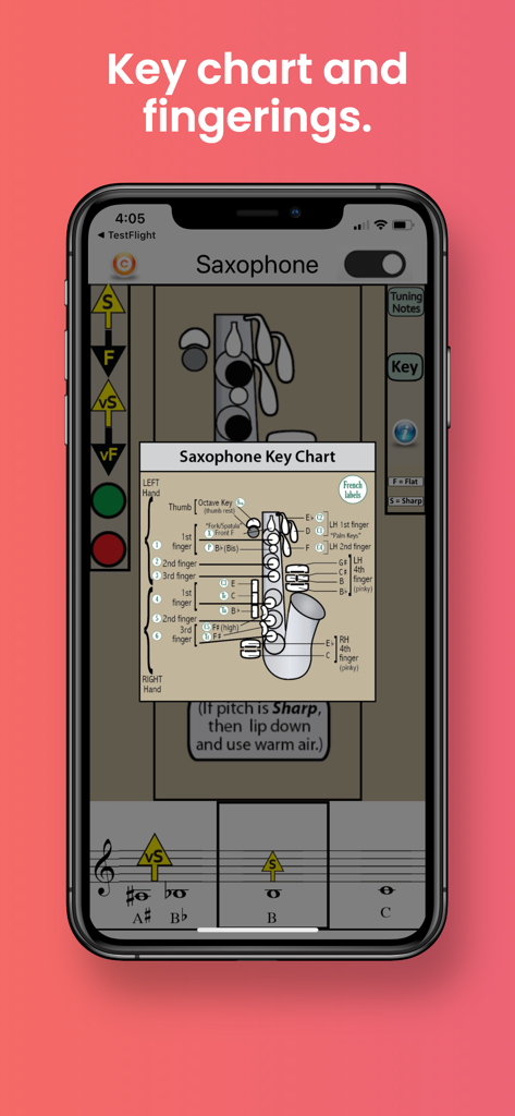Saxophone Fingering & Tuning - Tabla detallada de llaves de saxofón y diagramas de digitación para estudiantes de música
