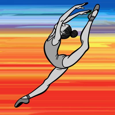 gymnast doing a leap in a leotard with a bent back leg