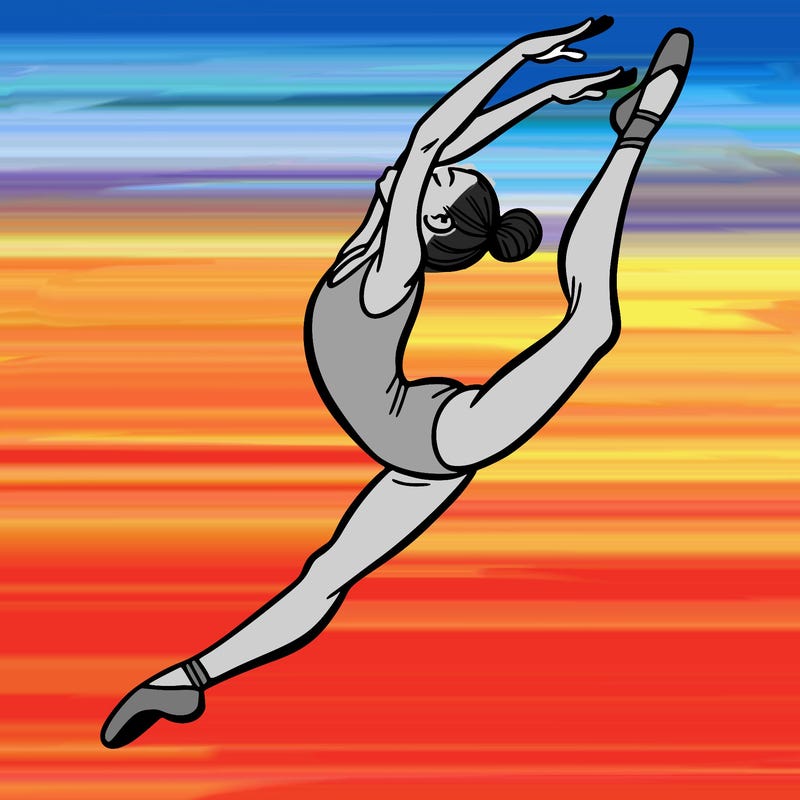 gymnast doing a leap in a leotard with a bent back leg