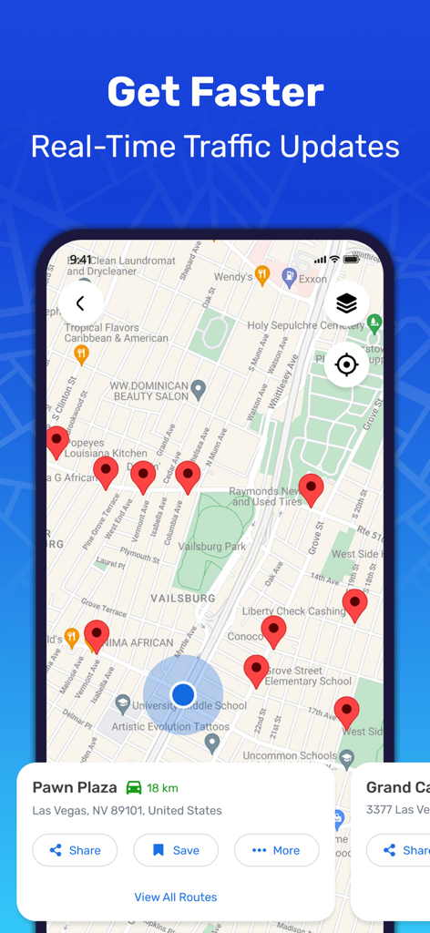 GPS Map Navigation - GPS Map Navigation app showing a map of Las Vegas with real-time traffic updates and point of interest pins