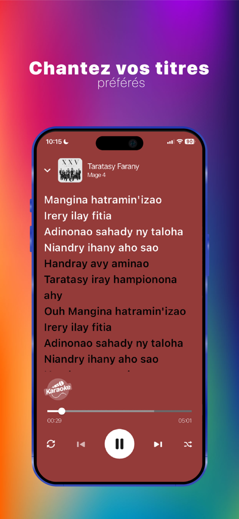 Moozik : Musique et Karaoké - Moozik app displaying Malagasy song lyrics in karaoke mode