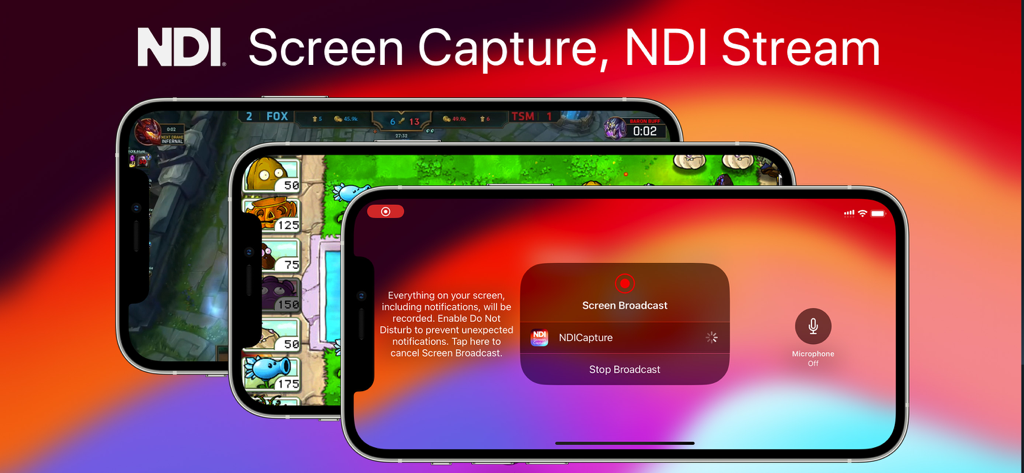 NDI Screen Capture - Interface do aplicativo NDI screen capture em iPhones para streaming de jogos móveis