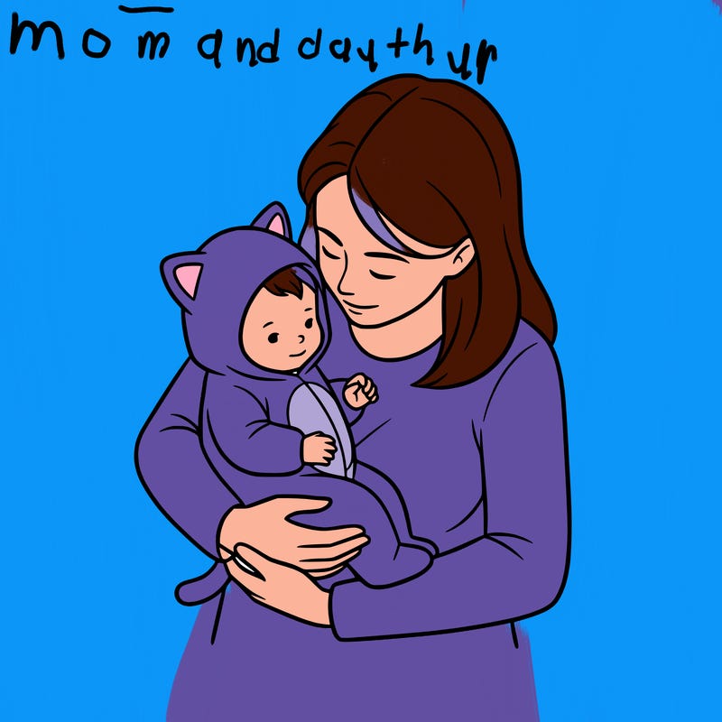 cute baby girl in acute cat costume in her mom's arms.