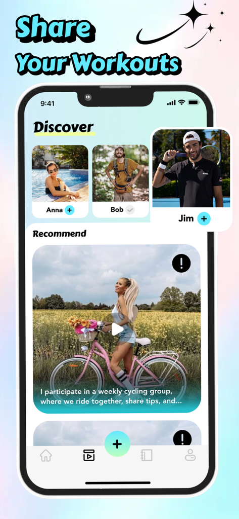 Mobile screen of the Dizzy app showing the Discover section with user profiles and a recommended cycling activity under the header Share Your Workouts.